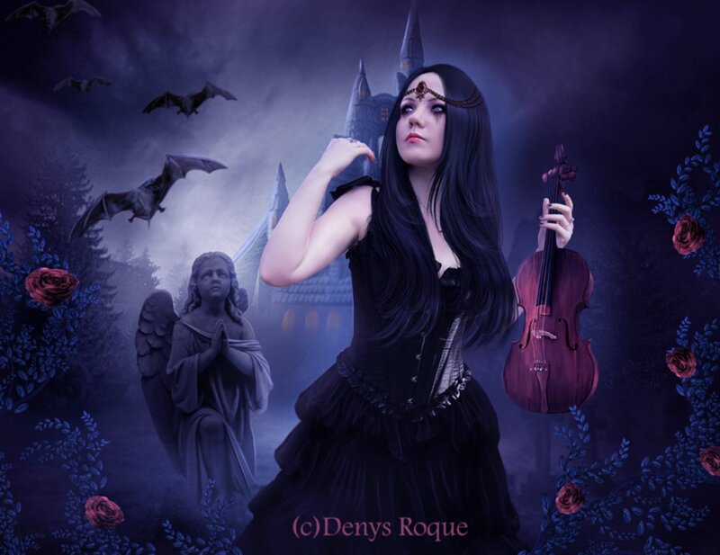 Woman Holding Violin — Purple, Dramatic