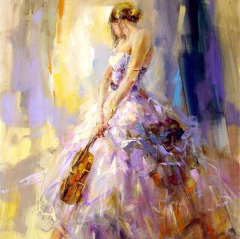 Woman Holding Violin — Purple, Serene, Painting