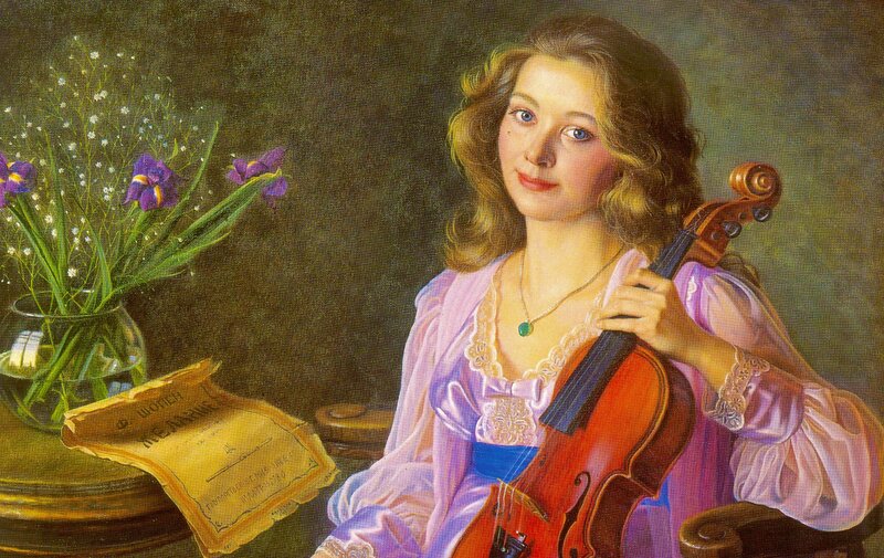 Woman Holding Violin — Purple, Serene