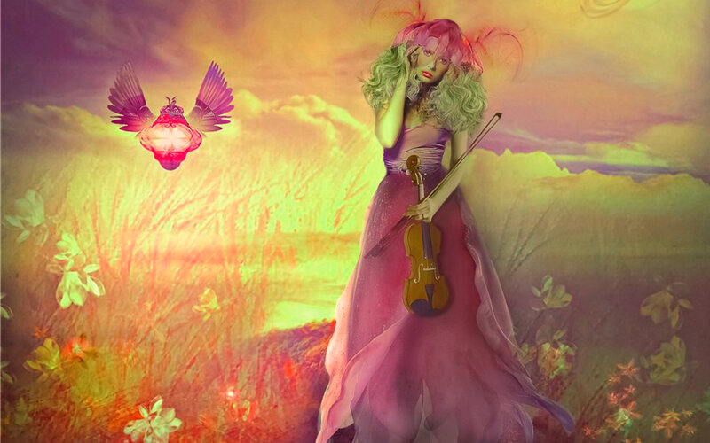 Woman Holding Violin — Purple
