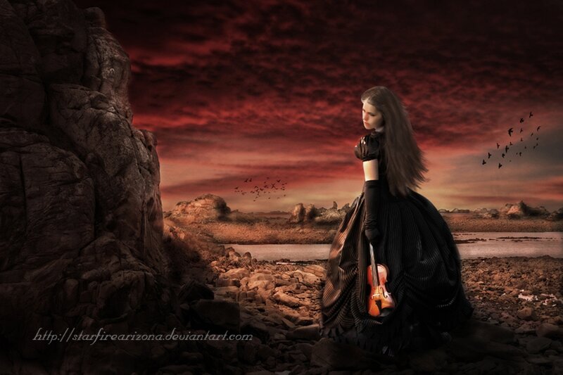 Woman Holding Violin — Red, Dramatic, Sunset