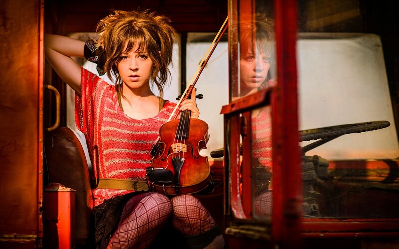 Woman Holding Violin — Red, Dramatic