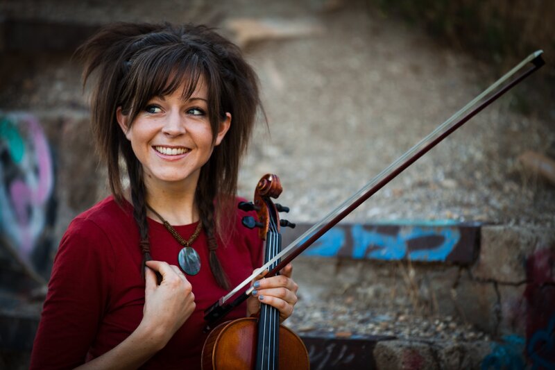 Woman Holding Violin — Red, Happy, Afternoon, Photograph, Necklace