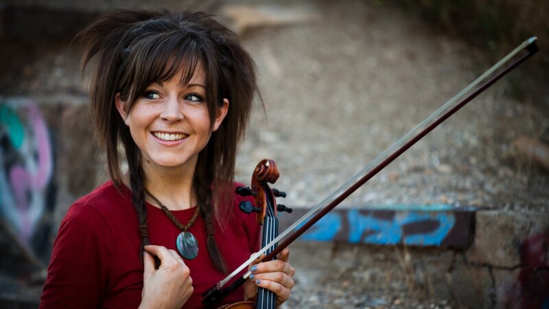 Woman Holding Violin — Red, Happy, Afternoon, Photograph