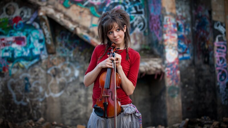 Woman Holding Violin — Red, Urban, Photograph