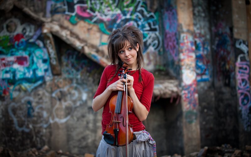 Woman Holding Violin — Red, Urban