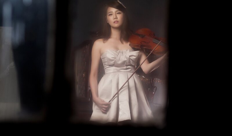 Woman Holding Violin — White, Dramatic