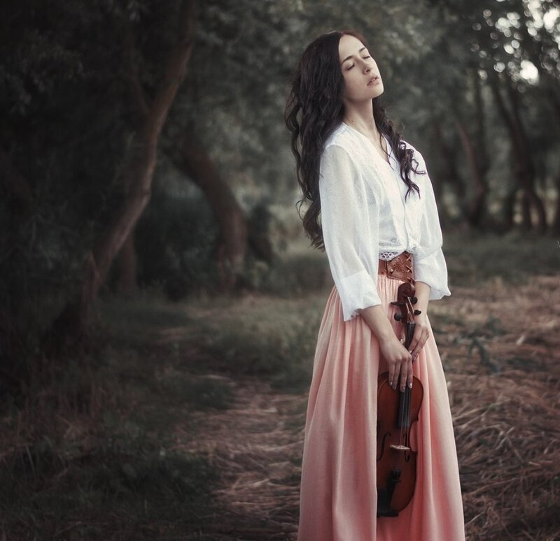 Woman Holding Violin — White, Serene, Afternoon, Photograph, Trees