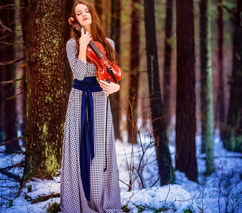 Woman Holding Violin — White, Serene, Winter, Photograph, Forest