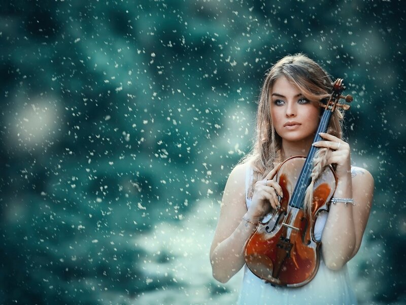 Woman Holding Violin — White, Serene, Winter, Photograph, Snow