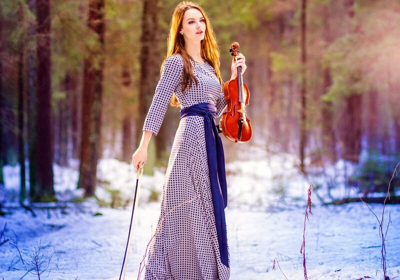 Woman Holding Violin — White, Serene, Winter, Photograph