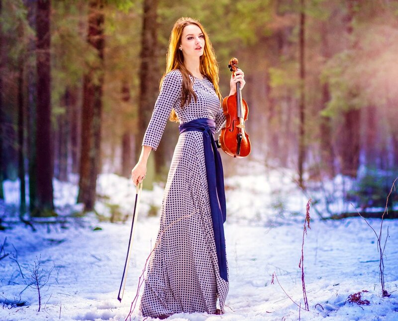 Woman Holding Violin — White, Serene, Winter
