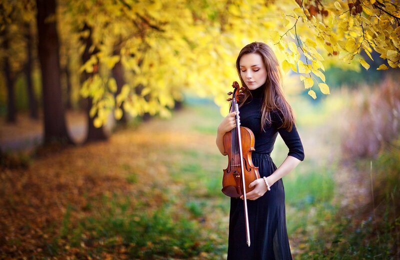 Woman Holding Violin — Yellow, Serene, Autumn, Photograph