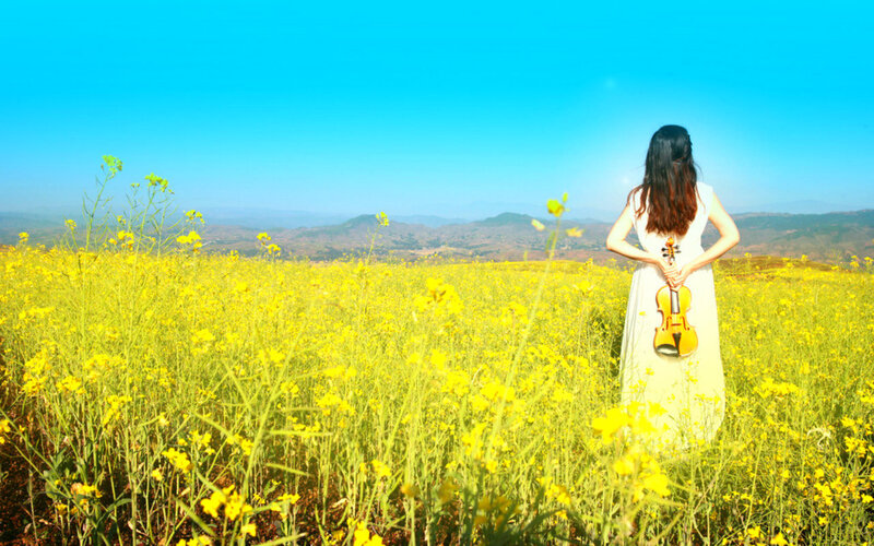 Woman Holding Violin — Yellow, Serene