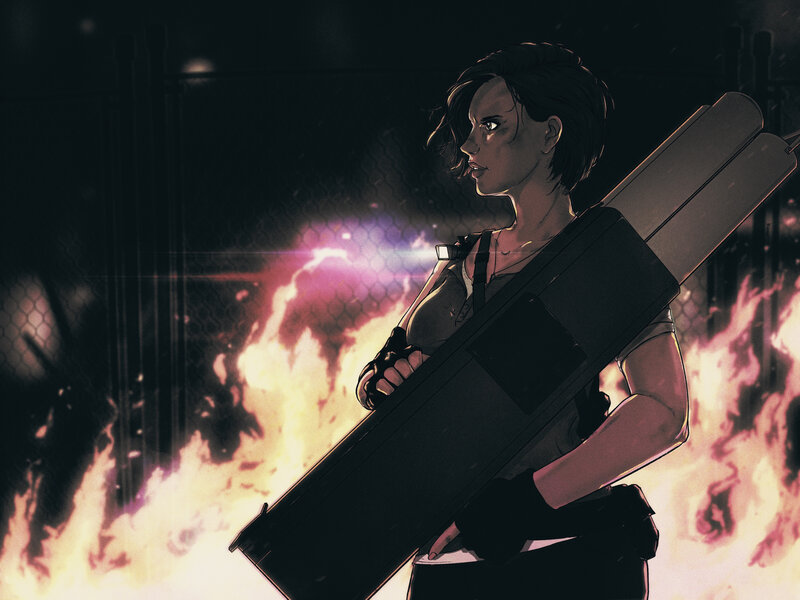 Woman Holding Weapon — Black, Dramatic, Night, Digital Art