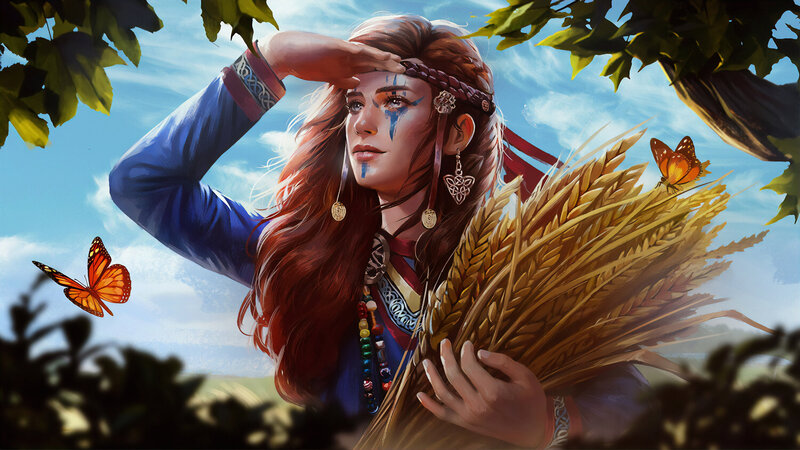 Woman Holding Wheat — Blue