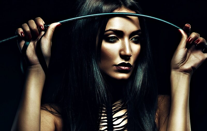 Woman Holding Whip — Black, Dramatic, Night