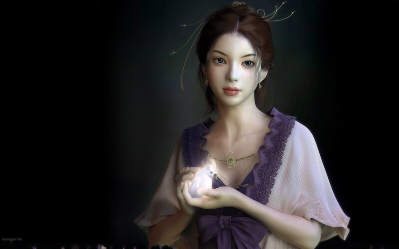 Woman Holding White Bird — Purple