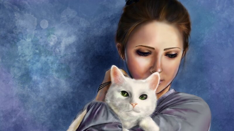 woman holding white cat