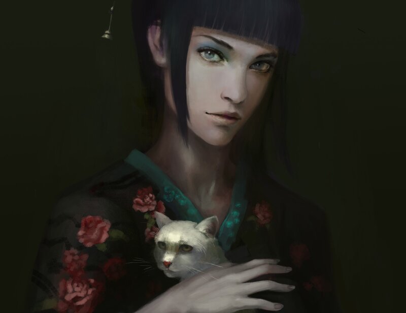 Woman Holding White Cat — Black, Dramatic, Night