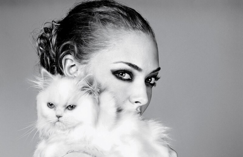 Woman Holding White Cat — Black, Dramatic, Photograph, Makeup, Hair