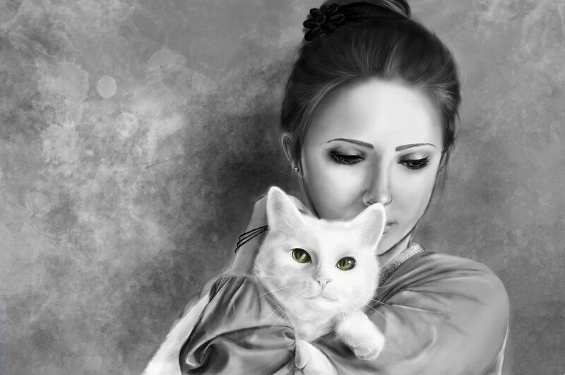 Woman Holding White Cat — Black, Serene