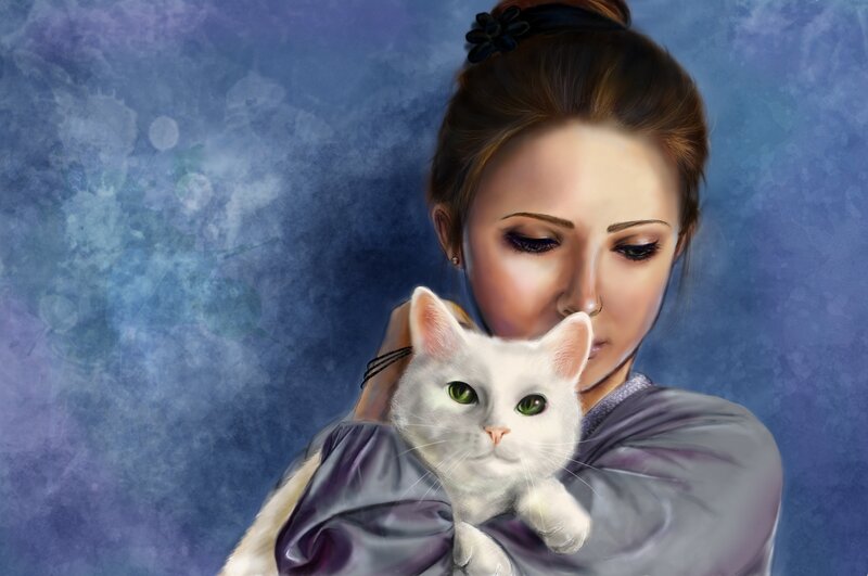 Woman Holding White Cat — Blue