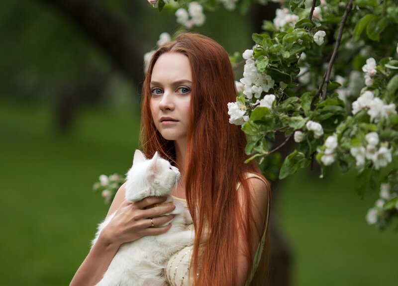Woman Holding White Cat — Red