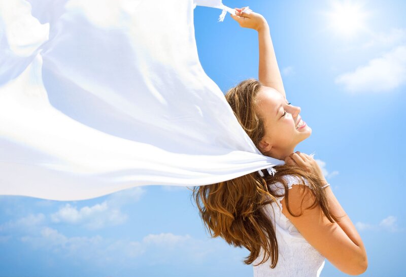 Woman Holding White Cloth — Blue, Bright