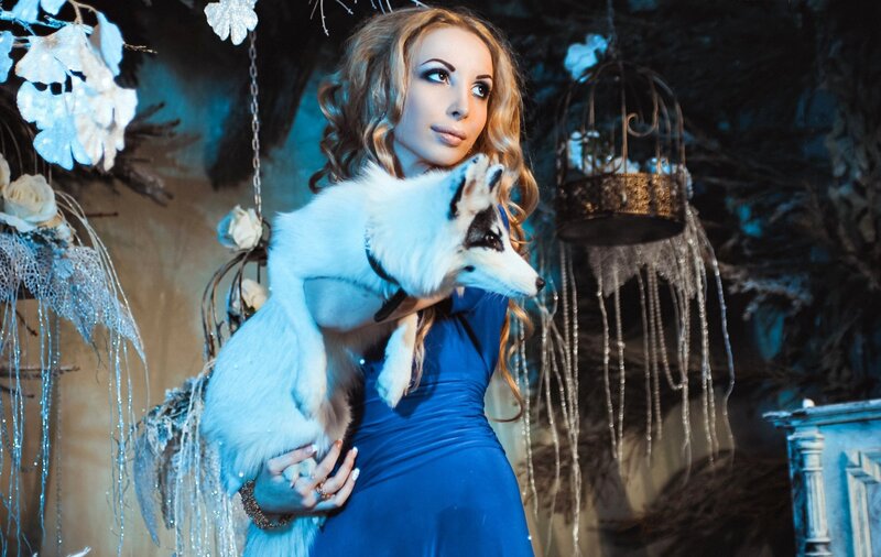 Woman Holding White Fox — Blue, Dramatic, Night