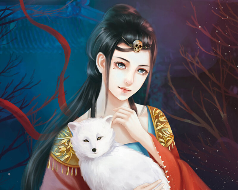 Woman Holding White Fox — Blue