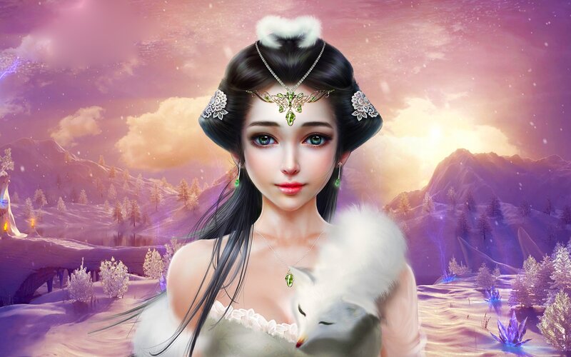 Woman Holding White Fox — Purple