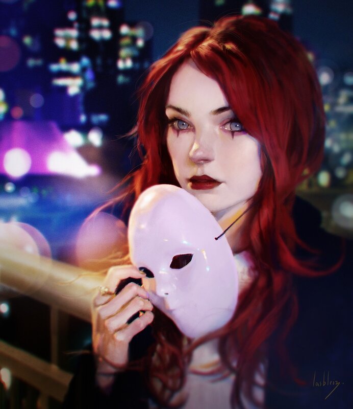 Woman Holding White Mask — Red