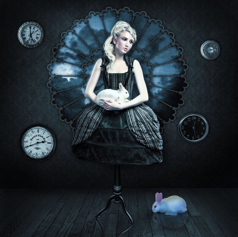 Woman Holding White Rabbit — Black, Dramatic