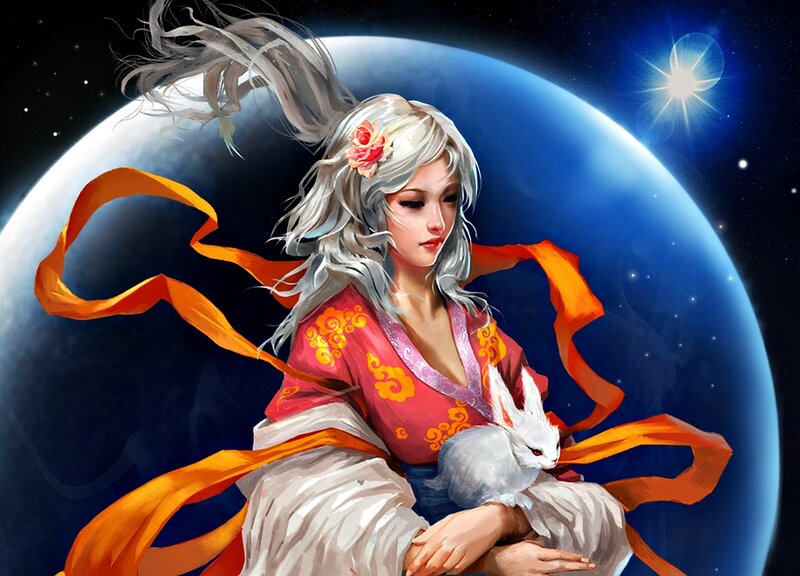 Woman Holding White Rabbit — Blue, Serene, Night