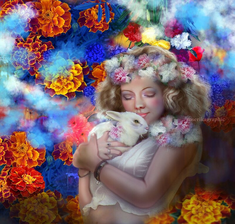 Woman Holding White Rabbit — Blue, Serene