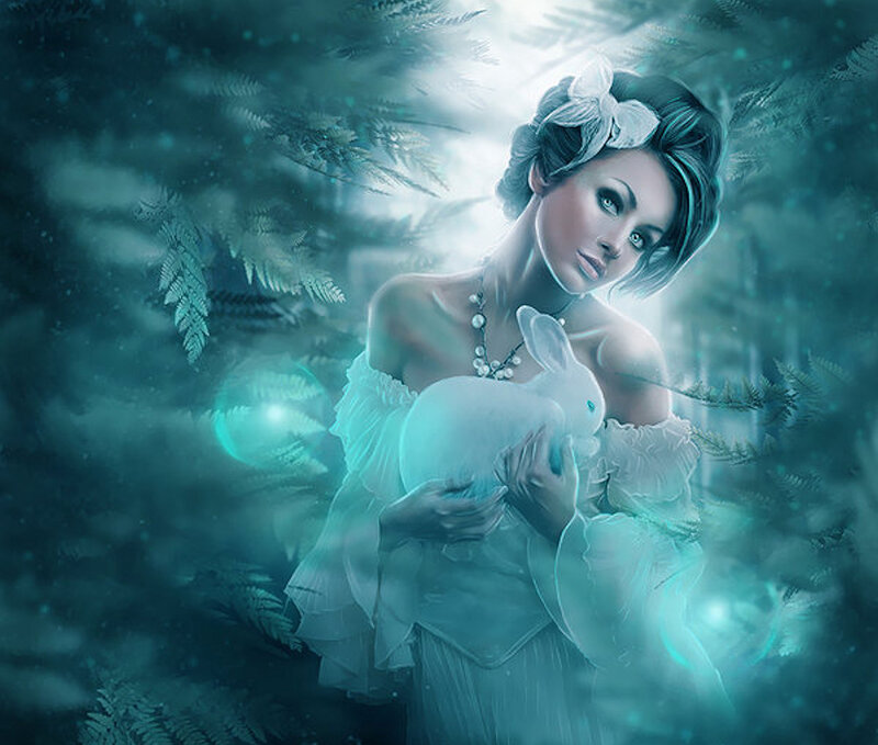 Woman Holding White Rabbit — Blue