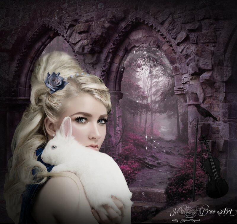 Woman Holding White Rabbit — Purple, Mystical