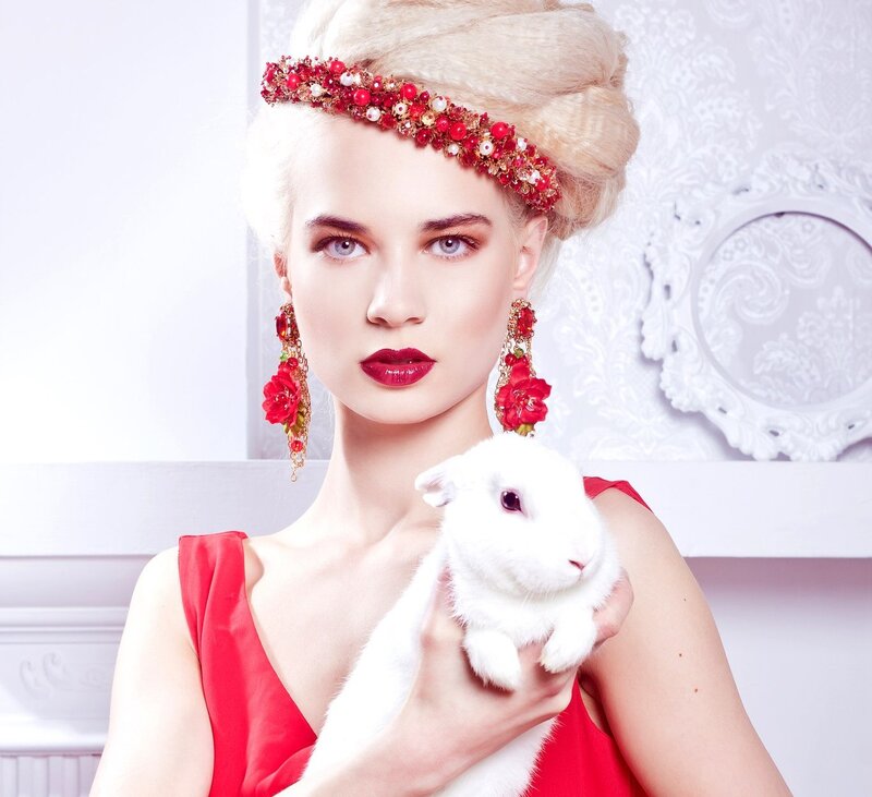 Woman Holding White Rabbit — Red, Dramatic