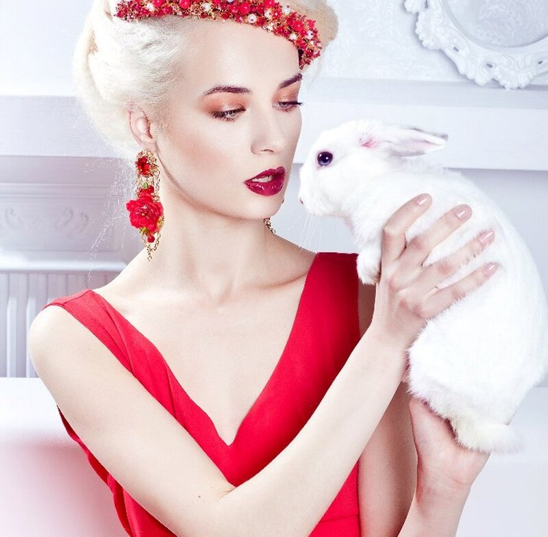Woman Holding White Rabbit — Red, Serene