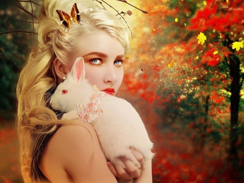 Woman Holding White Rabbit — Red