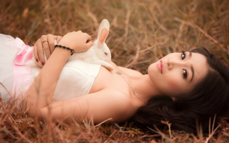 Woman Holding White Rabbit — Serene, Afternoon