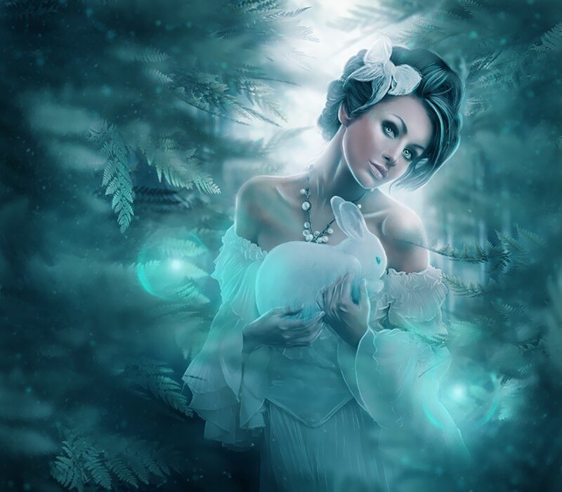 Woman Holding White Rabbit — Teal