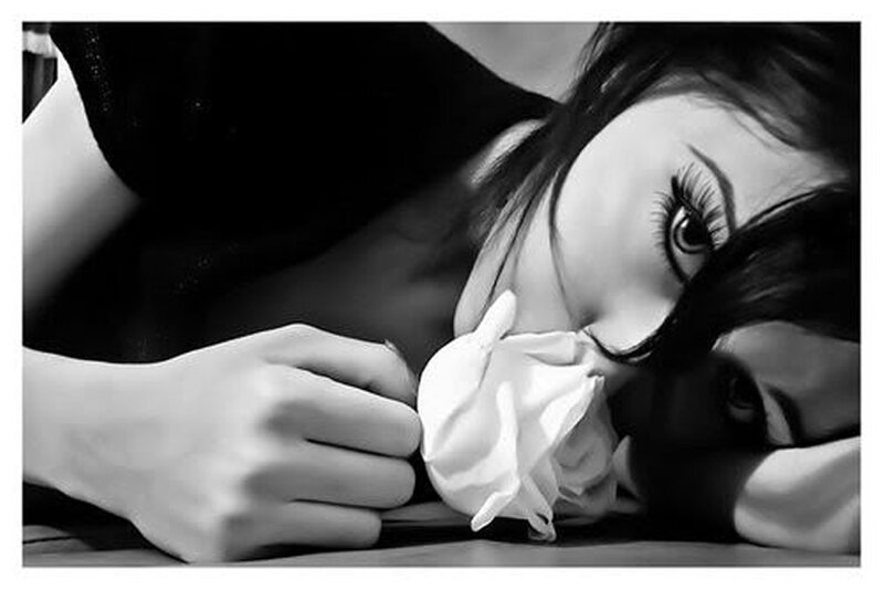 Woman Holding White Rose — Black, Dramatic