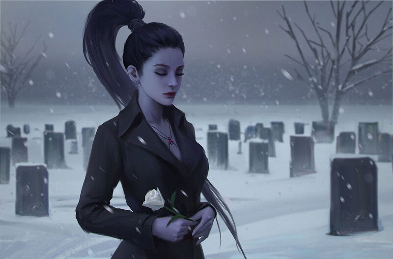 Woman Holding White Rose — Black, Somber