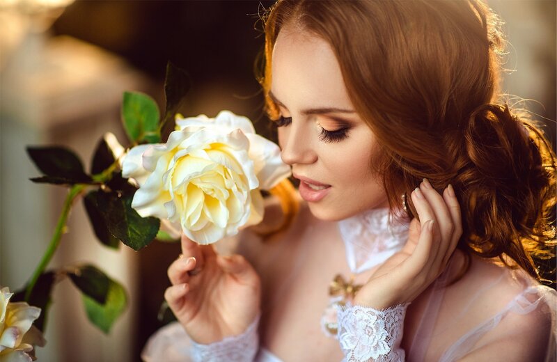 Woman Holding White Rose — Serene, Sunset