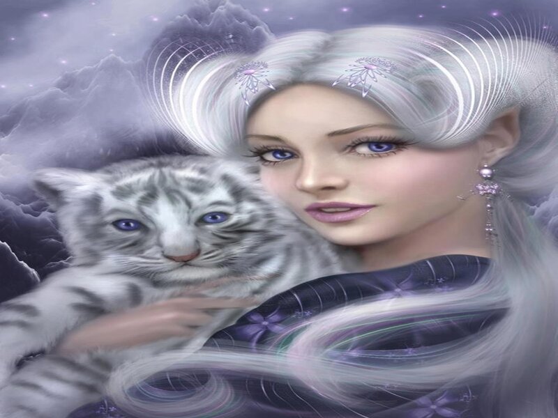 Woman Holding White Tiger Cub — Purple
