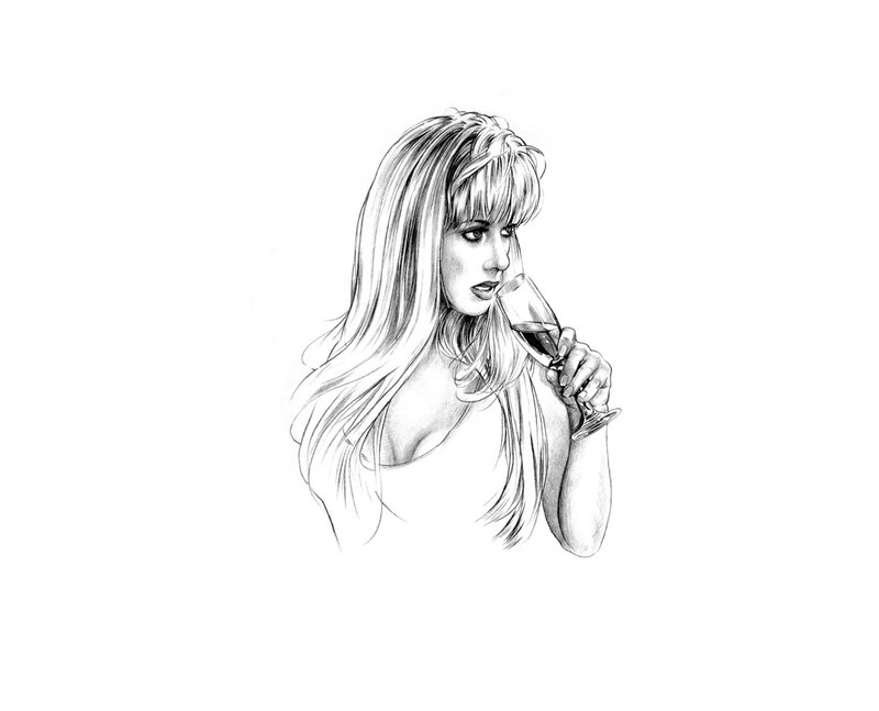 Woman Holding Wine Glass — Black, Calm, Illustration
