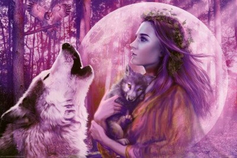 Woman Holding Wolf Cub — Purple