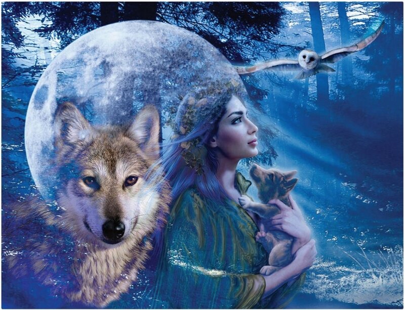 Woman Holding Wolf Pup — Blue, Serene